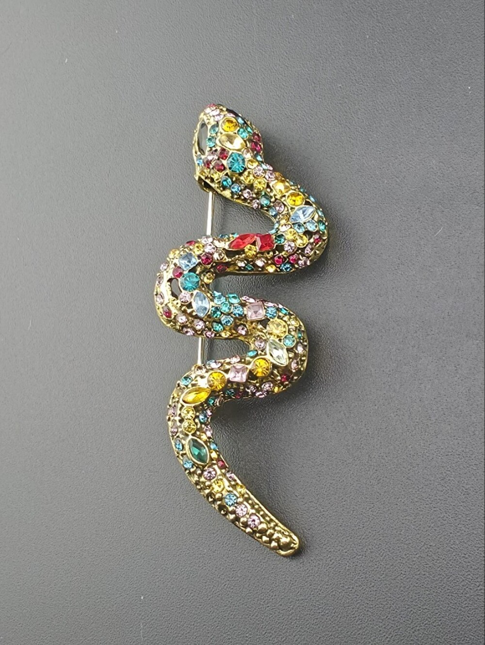 Colorful Rhinestone Crystal Snake Serpent Halloween Brooch Pin 2.5"